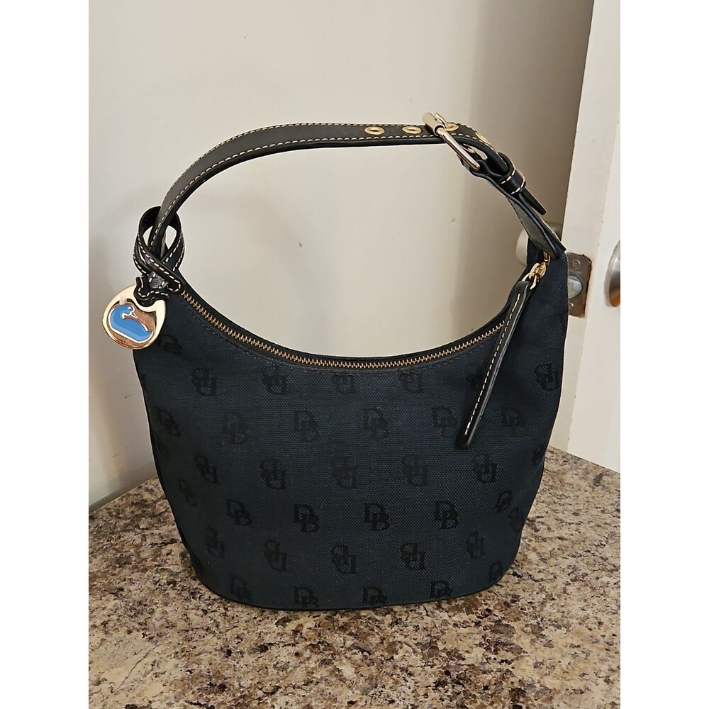 Vintage Dooney & Bourke Black Signature Monogram DB Canvas Mini Hobo Bag Purse